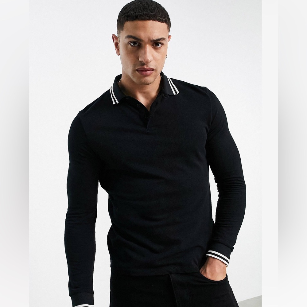 ASOS DESIGN long sleeve tipped pique polo shirt in black
